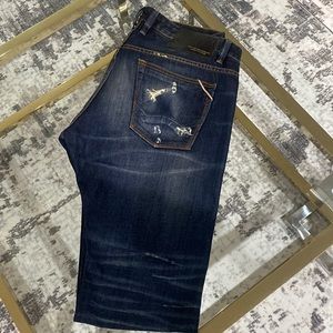 Men’s 38x33 Cult of Individuality distressed dark blue jeans with tan stitching